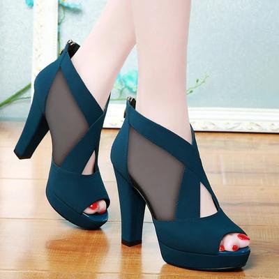 Letní Dámské Boty na vysokém podpatku Síťovina Prodyšné Bambulky Špice na zip Sexy Svatební párty Zapatillas Mujer čtvercový podpatek