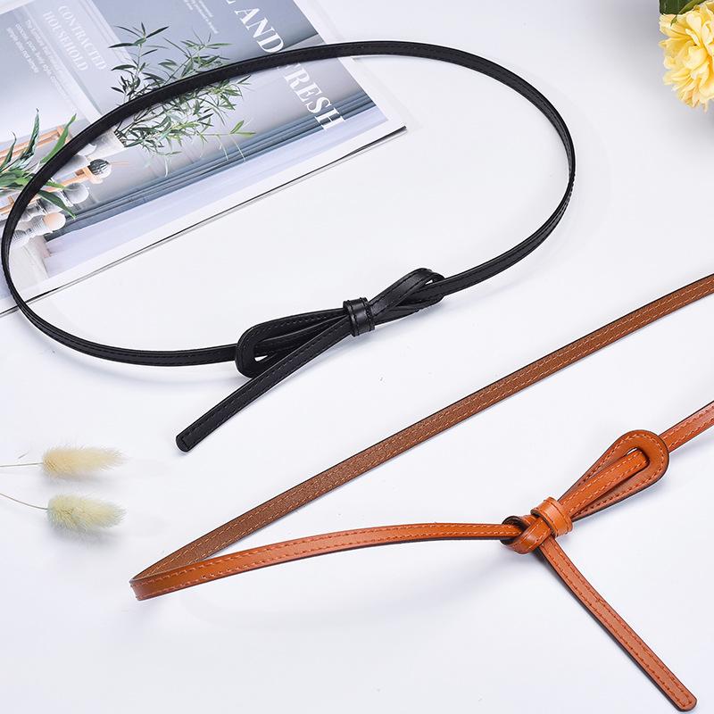 Fine Belt Women'S Leather Knotted Decorative Belt Black With Dress Sweater Waist Strap