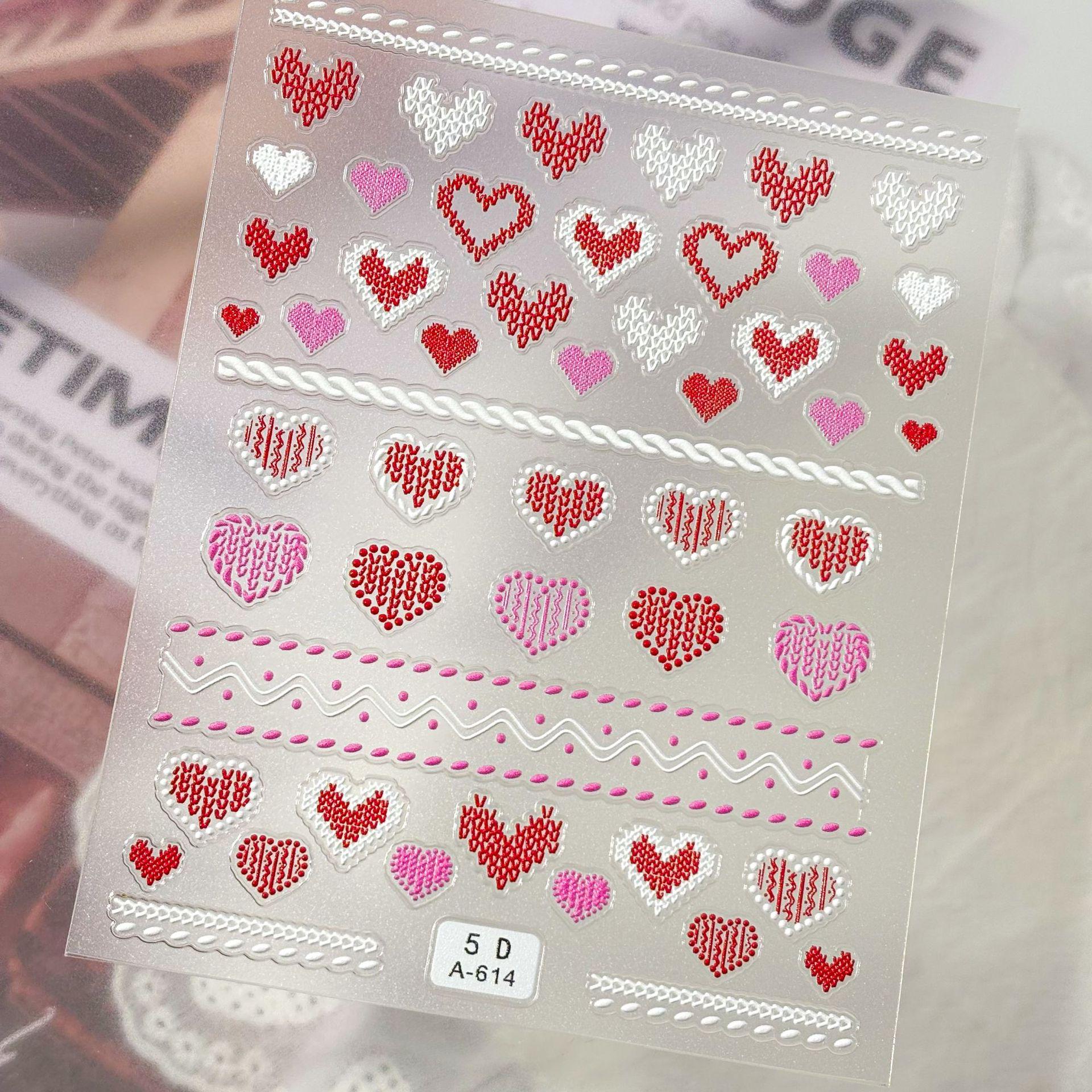 5D Girly Red Plaid Heart Nail Art Stickers - 3D Embossed DIY Ornament