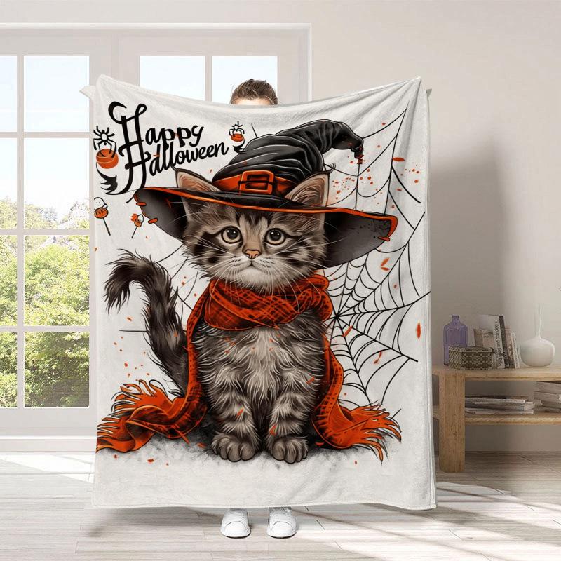 Warm Halloween Flannel Blanket - Cartoon Ghost & Pumpkin Design