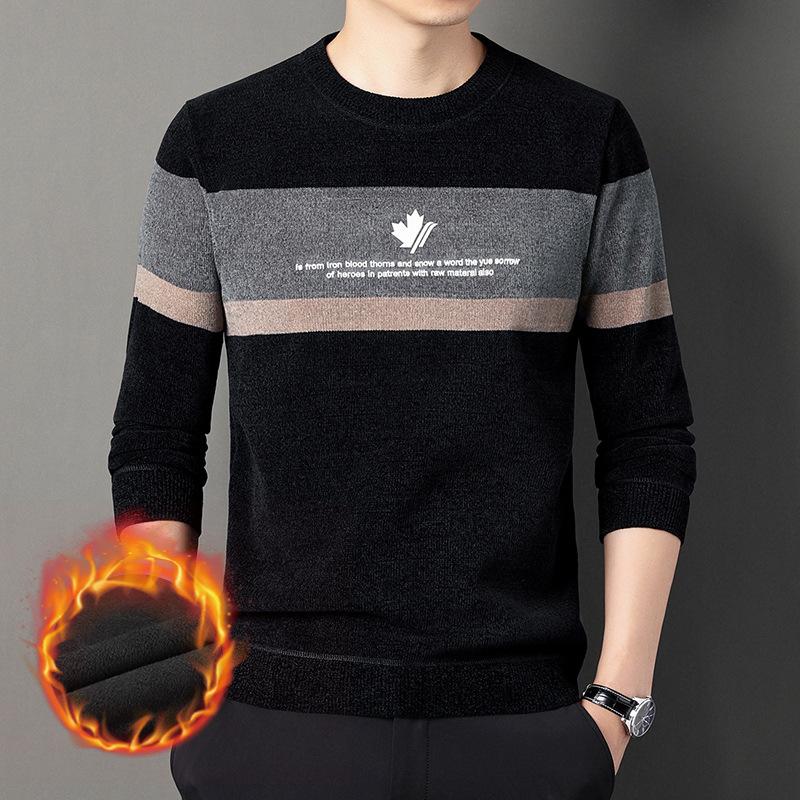 

Мужской свитер с круглым вырезом из синели, зимний флис, очень толстый жаккард, средний возраст, большой размер, теплая трикотажная основа 4XL