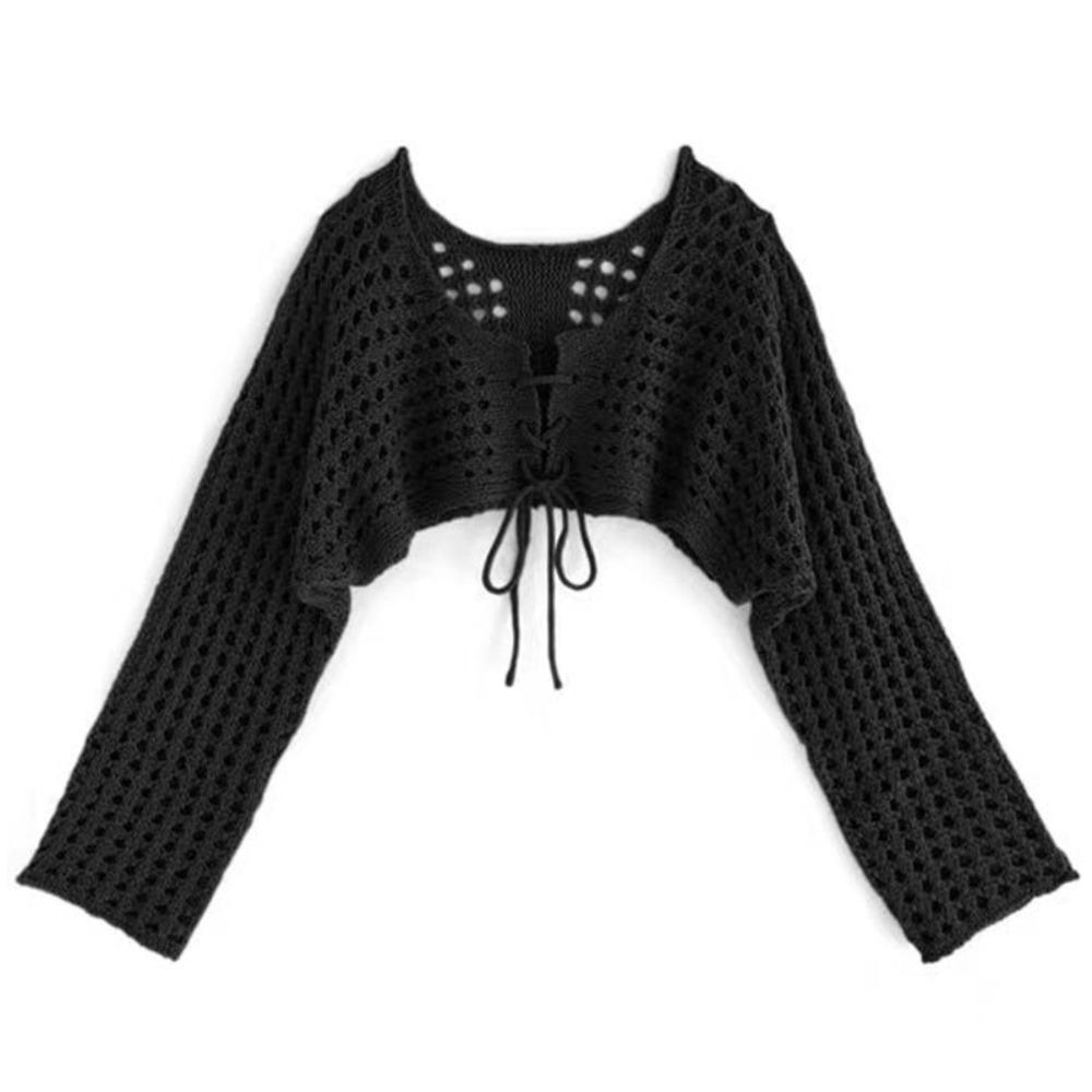 

Свитер крючком для пляжа с круглым вырезом, на шнуровке, с ажурной вязкой, футболка в французском стиле, для путешествий чёрный