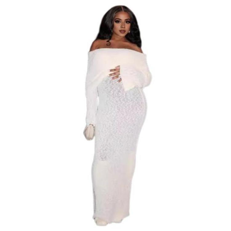 Elegant Knit Maxi Dress for Women Off Shoulder Long Sleeve Sheer Hollow Beach Party Long Dress S белый