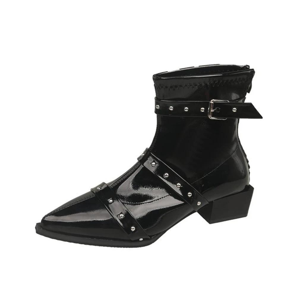 Autumn and Winter Women's Ankle Boots Sexy Pointed Pole Dance High Heels Zipper Rivet Chelsea Coarse Shoes Women