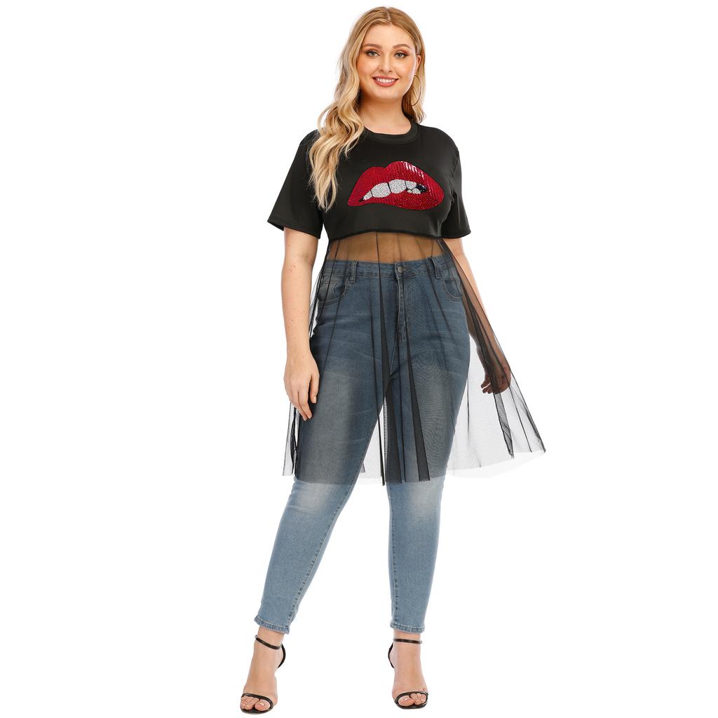 חולצת טריקו לנשים קיץ במידות גדולות רקמה רשת שחבור חולצות חולצות עם שרוולים קצרים