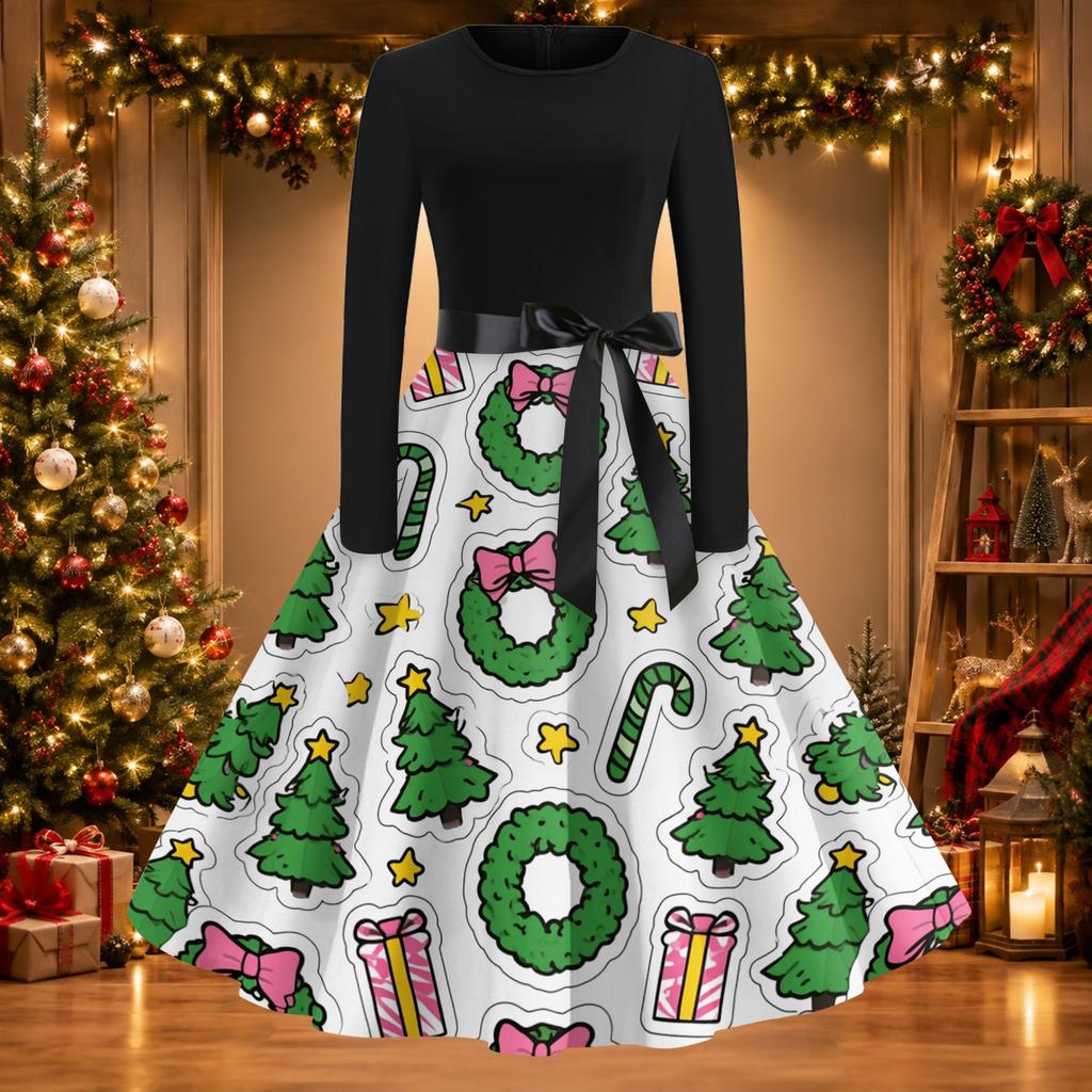 Women's Casual Vintage Christmas Print Neck Dress for Holiday Party