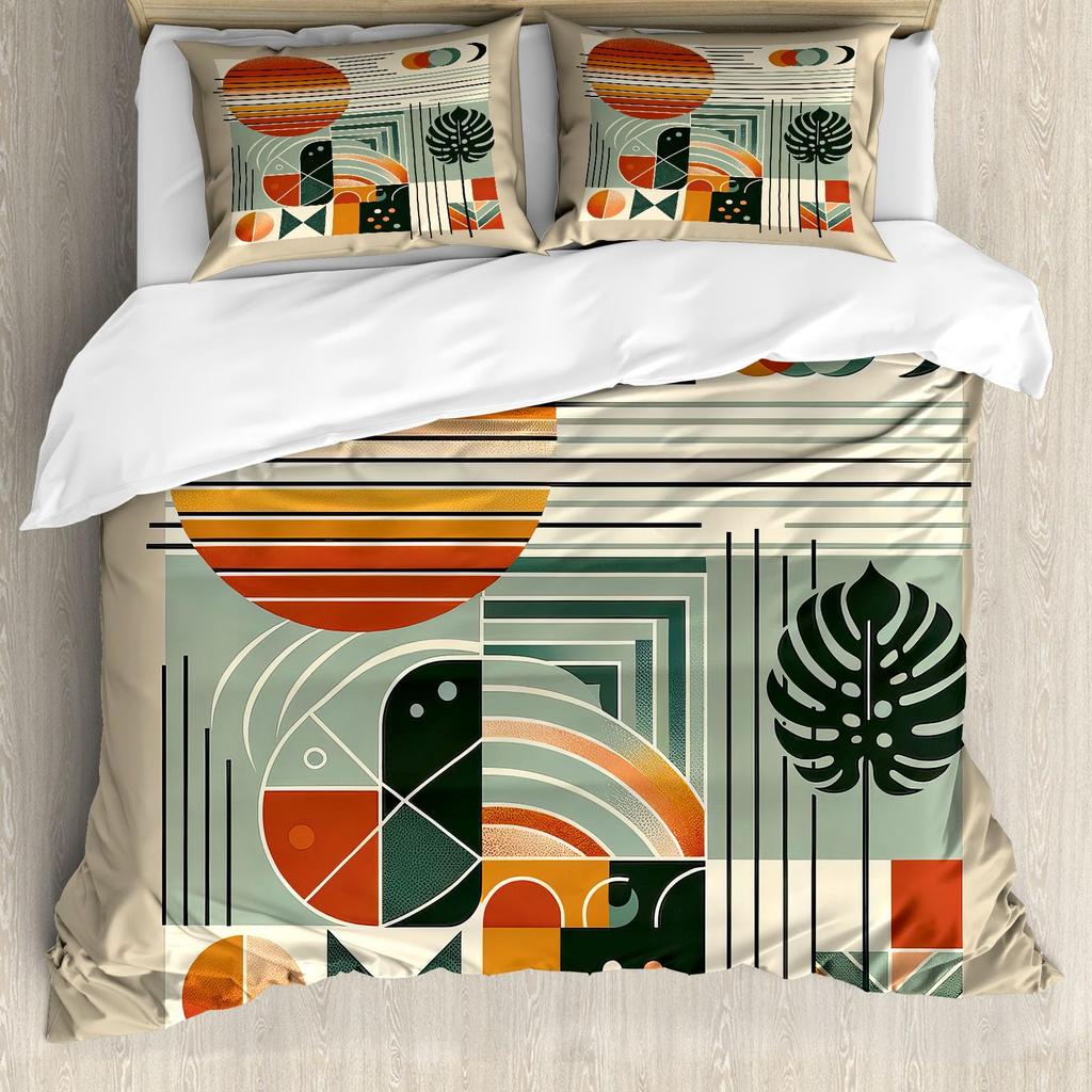 Medieval Boho Century Modern Duvet Cover Set Abstract Geometric Rainbow Sun Circles Comforter Cover Microfiber Soft Bedding Sets