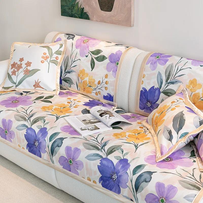 Non-Slip Cool Sofa Cover Ice Silk Sofa Cushion American Style Printed Summer Cooling Living Room Sofa Cover Machine Washable
