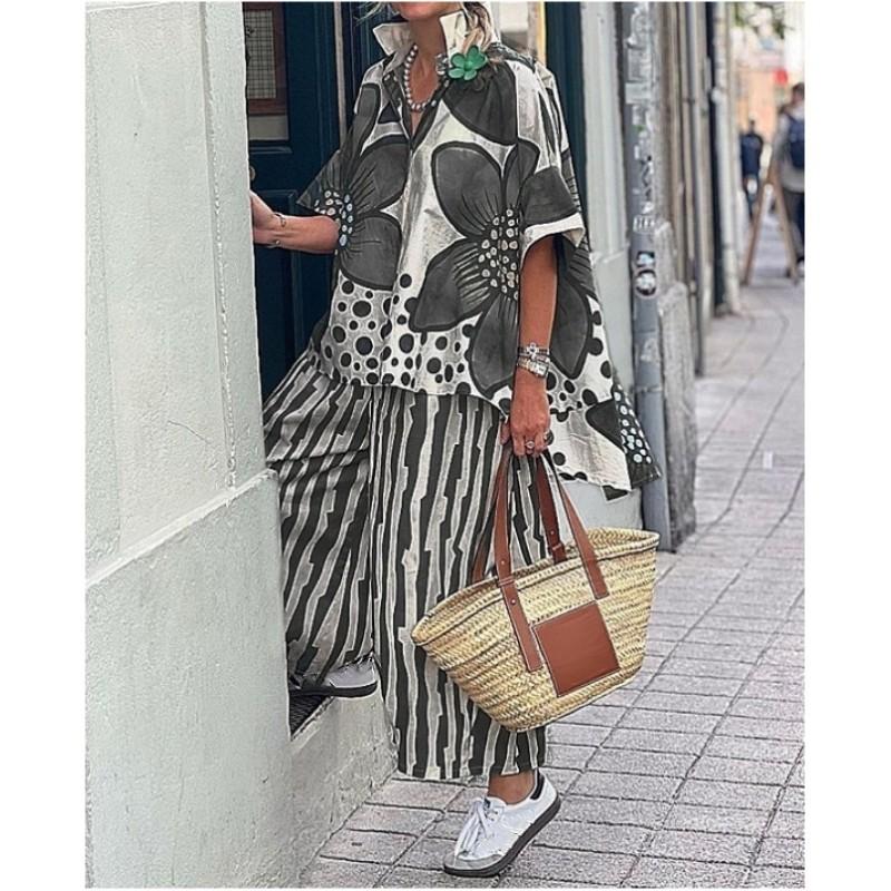 Women's Summer Floral Print Loose Two-Piece Set Short Sleeve Lapel Top + Wide Leg Pants Casual Set