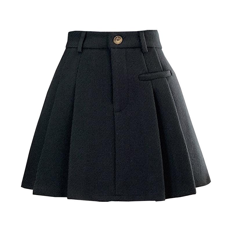 Damen Hochtaillierter Grauer Woll Karierter Plissierter Petite A-Linien Rock - Anti-Exposure, Schlankmachend, Herbst/Winter