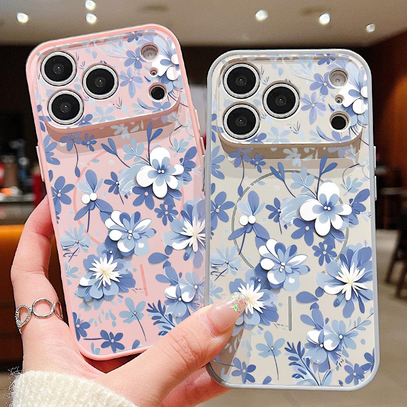 Magnetic For Magsafe Case For iPhone 17 Pro Max Blue and White Flowers Pattern Skin Feeling Cover For iPhone 16 15 14 13 Pro Max
