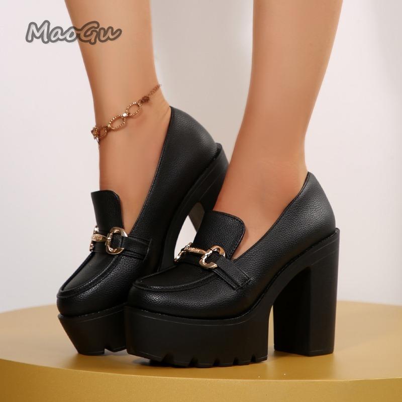 Moda Moda Wsuwane Mokasyny na Grubej Podeszwie dla Kobiet Złote Srebrne Wysokie Obcasy Platformy Czółenka Kobieta Metalowa Dekoracja Buty Bankietowe na Imprezę