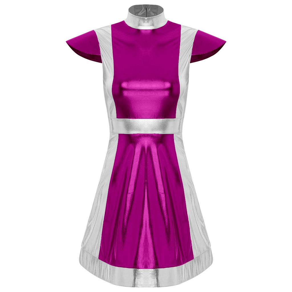 Womens Space Fighter Costume Mock Neck Cap Sleeve Metallic Shiny Contrast Dress Alien Dressup