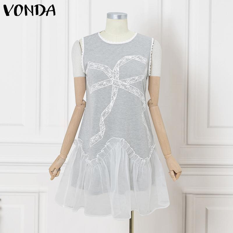 

VONDA Летнее женское платье-майка без рукавов с принтом бантиков, комбинированное, с оборкой по подолу 5XL серый