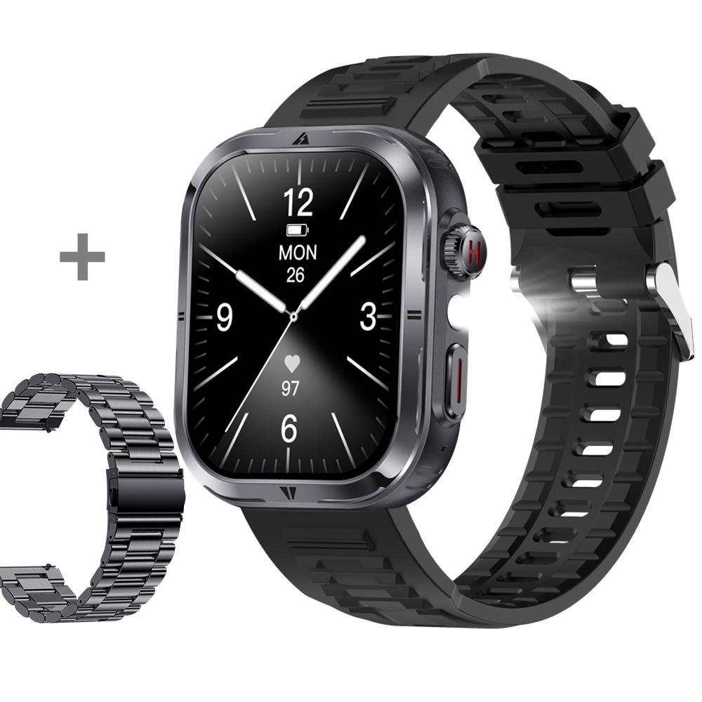 

MK86 2.01-inch Screen Bluetooth-compatible Call Smart Watch Health Monitoring Flashlight Sports Watch, Silicone + Steel Strap Black