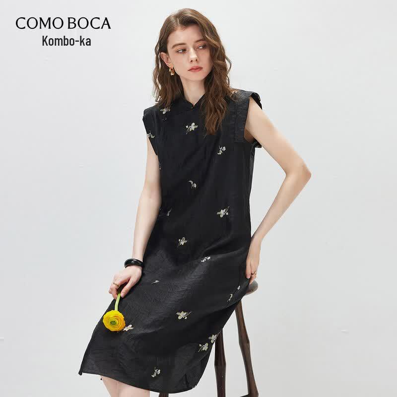 Women s Xiangyunsha Silk Embroidered Sleeveless Dress 3XL