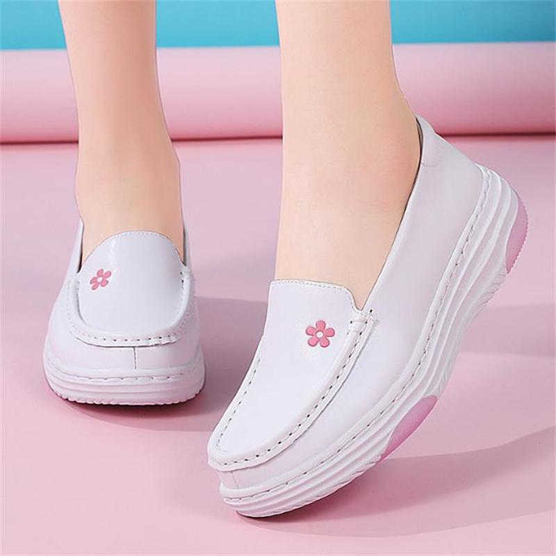Fashion Women Genuine Leather Wedges Casual Shoes Loafers Soft Nurse Work Shoes Breathable Comfortable Non-slip White Nursing Shoes