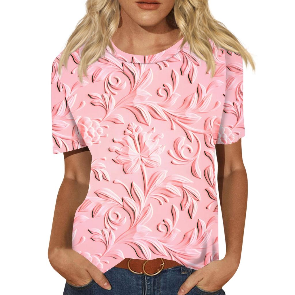 Damen Freizeit 3D Blumendruck Freizeit Kurzarm T-Shirt Pullover Rundhals Kurzarm Oberteil
