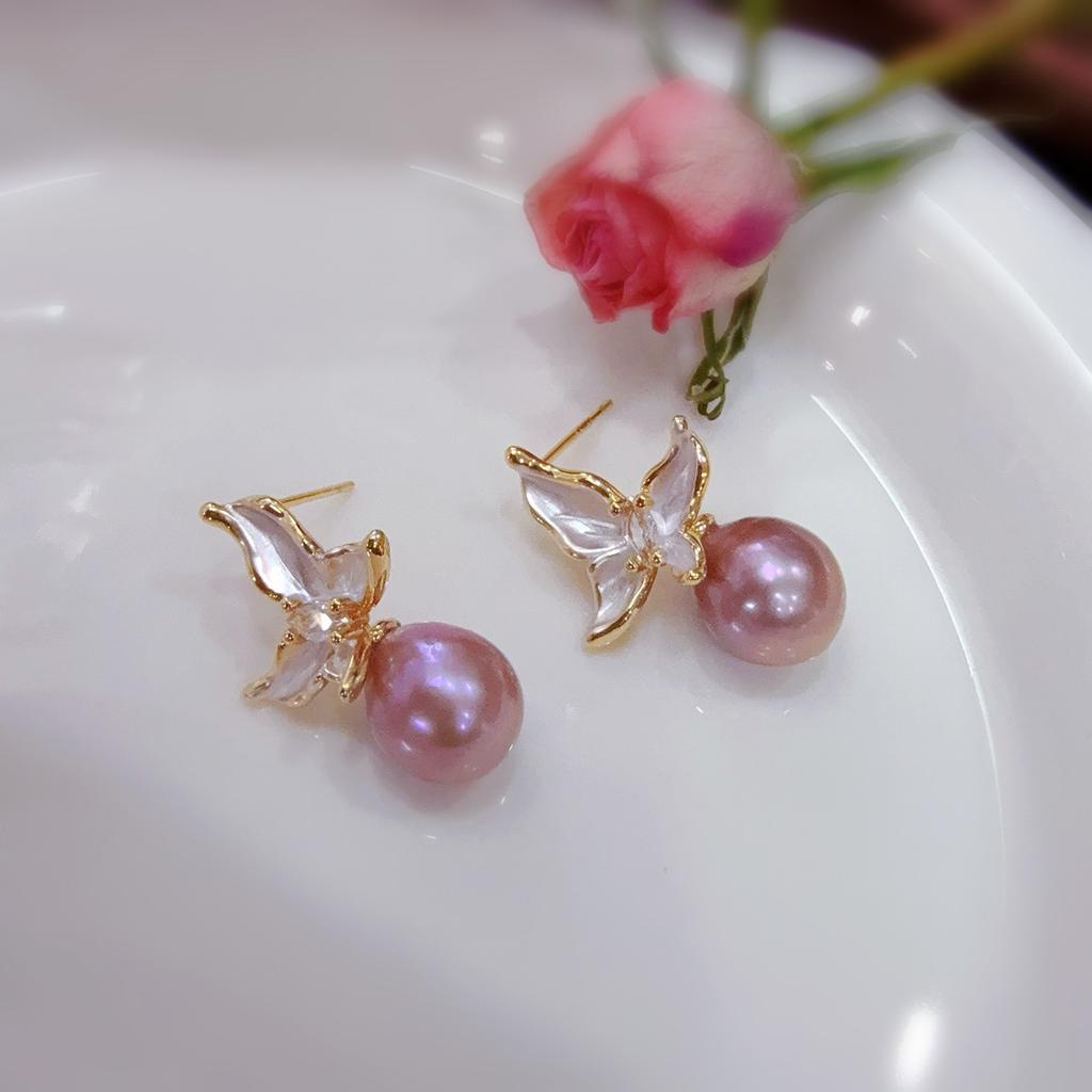 Dancing butterfly gentle French temperament sweet earrings female flower natural purple Edison pearl stud earrings