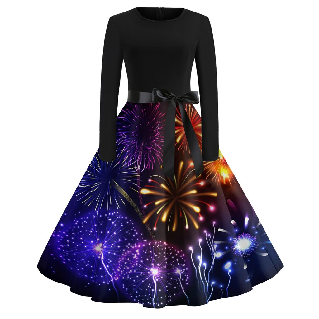 Women's Casual Fashion Round Neck Long Sleeve New Year Printed Retro Dress