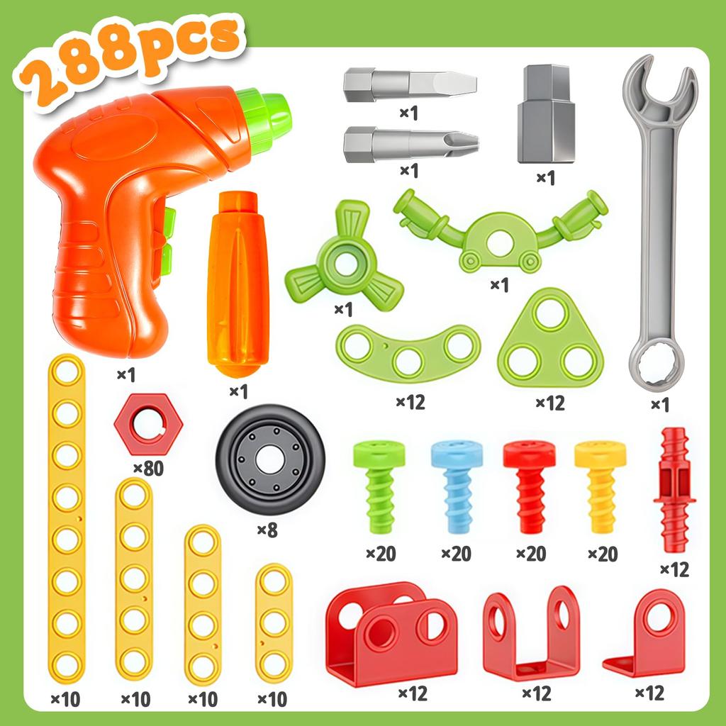 Blocks and Tool 288 Educational Toy with Screws and Electric DIY Pretend 3D Popular for Christmas Gift Play Carpenter's Set, Pieces, Drill, Play, Car,