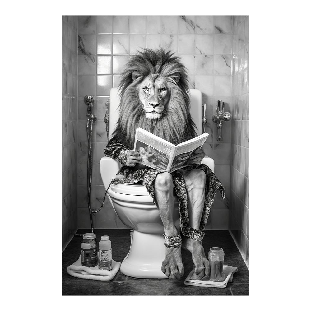 Funny Bathroom Lion Sitting On Toilet Reading Newspaper Poster Modern Wall Art HD Picture Canvas Print For Room Home Decor