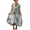 European and American women's blue retro ethnic style printing loose long dress polyester comfortable casual slim short sleeves