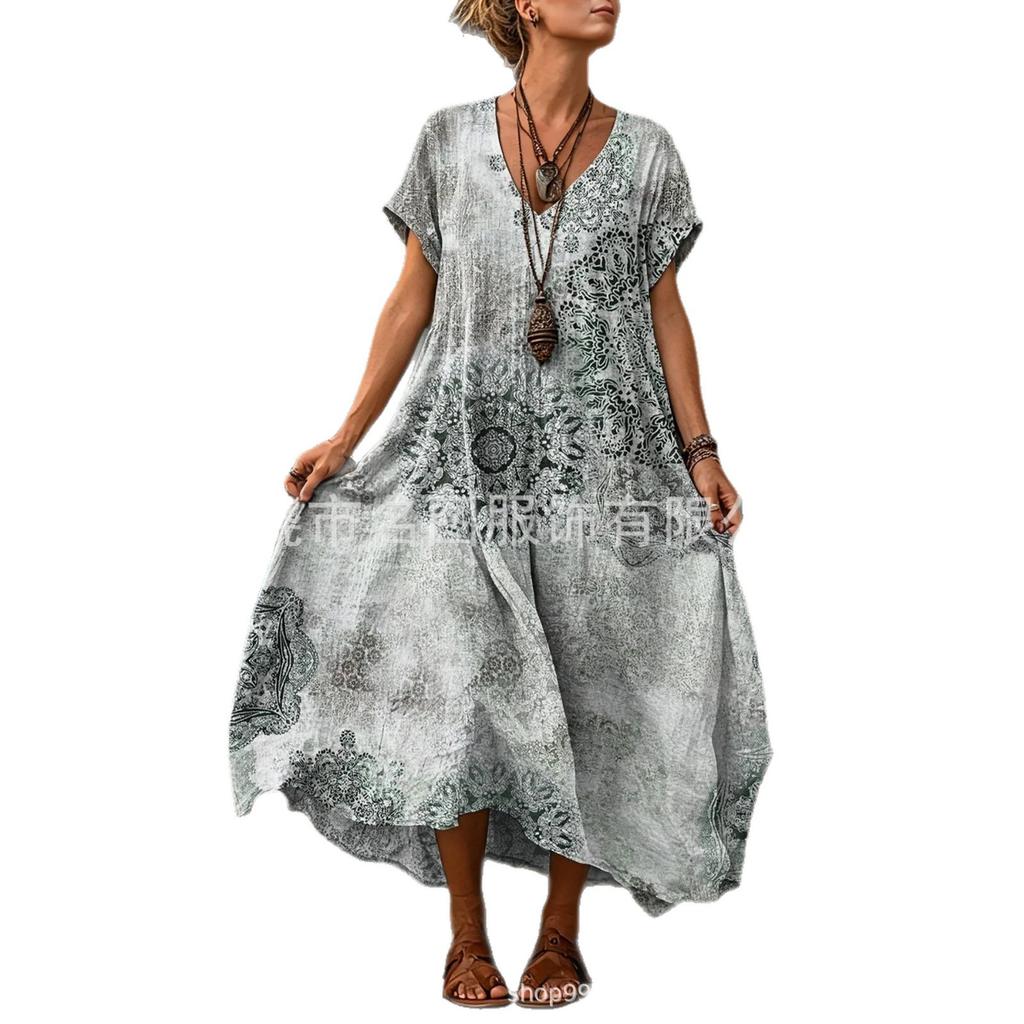 European and American women's blue retro ethnic style printing loose long dress polyester comfortable casual slim short sleeves