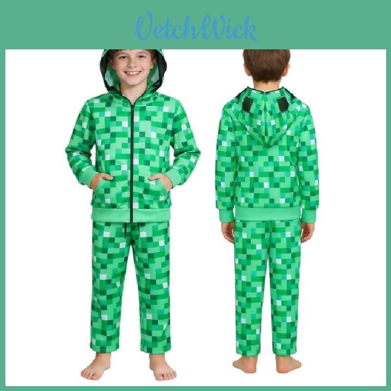 Minecraft Creeper Kids Hoodie And Pants Set With Polyester Fabric For Cosplay And Casual Wear