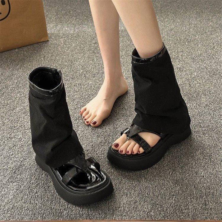 Niche thick-soled heightening niche Roman shoes 2025 summer new sandals women's toes retro cool boots short boots pant boots