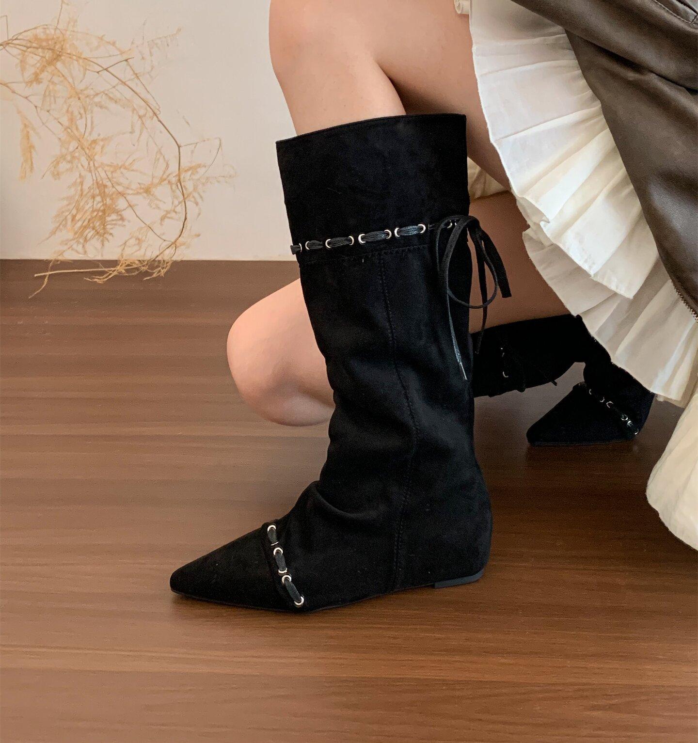 

Wasteland Spice Girls Inner Heightening Western Cowboy Boots Women s Autumn and Winter Pile Boots Lace-up Skinny Knee Boots 42 чёрный