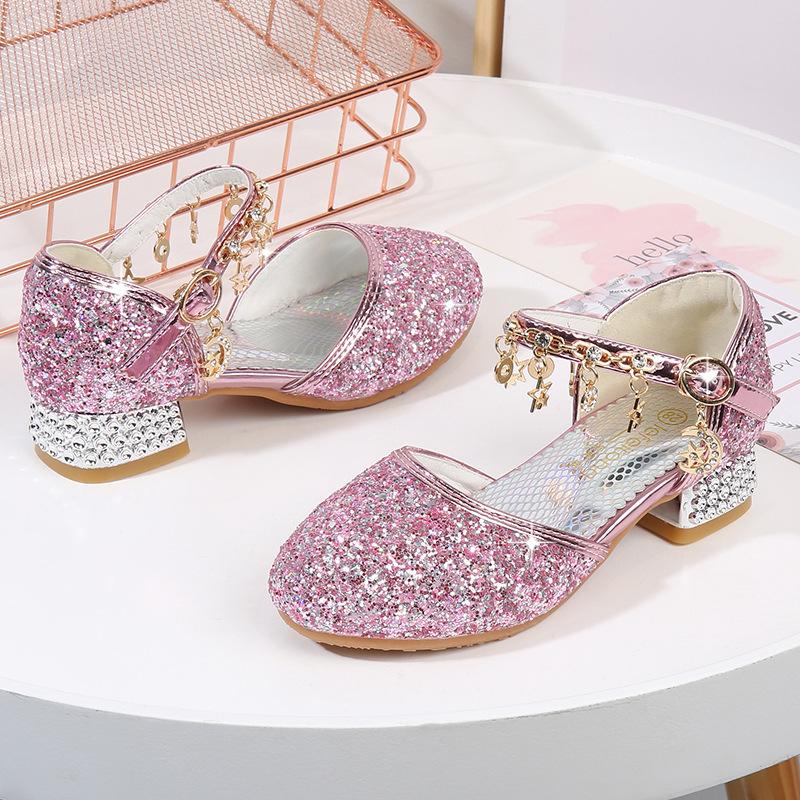 Summer New Fashion Girls' Leather Shoes, Princess Shoes, Children's Crystal Shoes, Soft-soled High-heeled Shoes for Little Girls' Runway Performances
