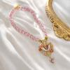 Vintage Angel Pendant Necklace, Sparkling Chunky Beaded Necklace, Pink Faux Diamond Heart Necklace, Retro Jewelry for Women