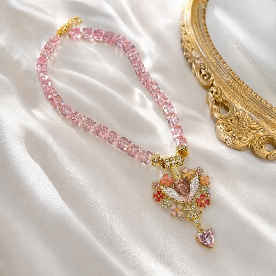 Vintage Angel Pendant Necklace, Sparkling Chunky Beaded Necklace, Pink Faux Diamond Heart Necklace, Retro Jewelry for Women
