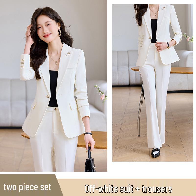 Off-White Women's Blazer & Micro-Flare Pants Set: Autumn/Winter Professional Suit with Waist-Cinching for High-End Style