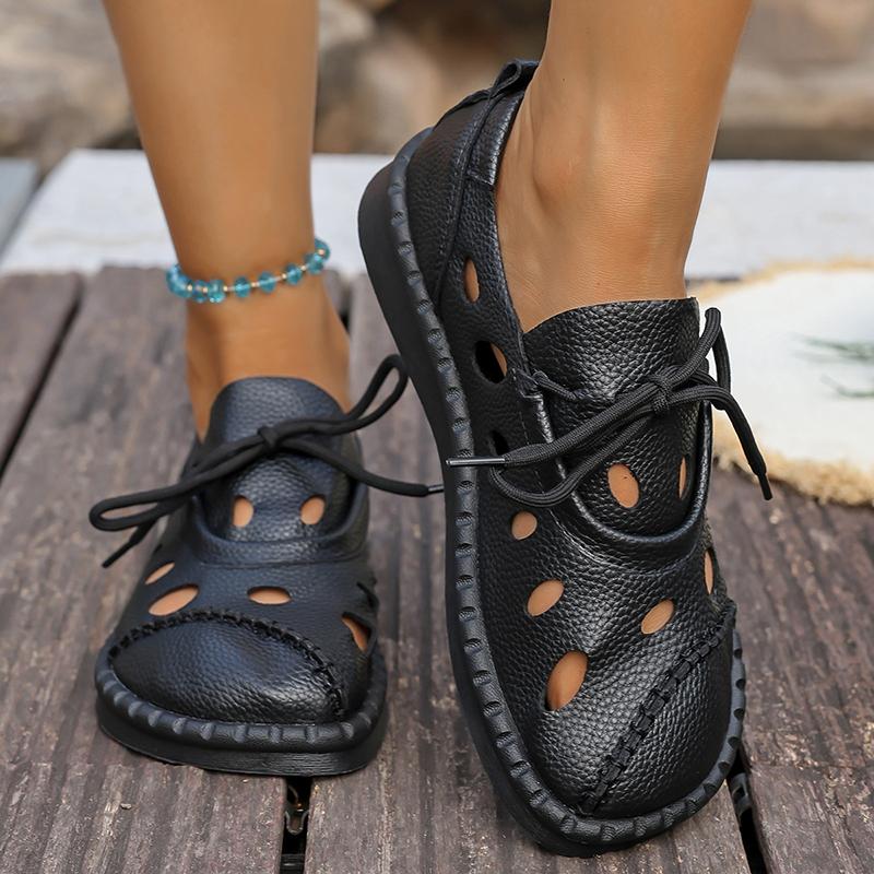 Fashion Hollow Out Pu Leather Flats for Women Summer Comfort Breathable Lace Up Sneakers Woman Soft Sole Non Slip Platform Walking Shoes