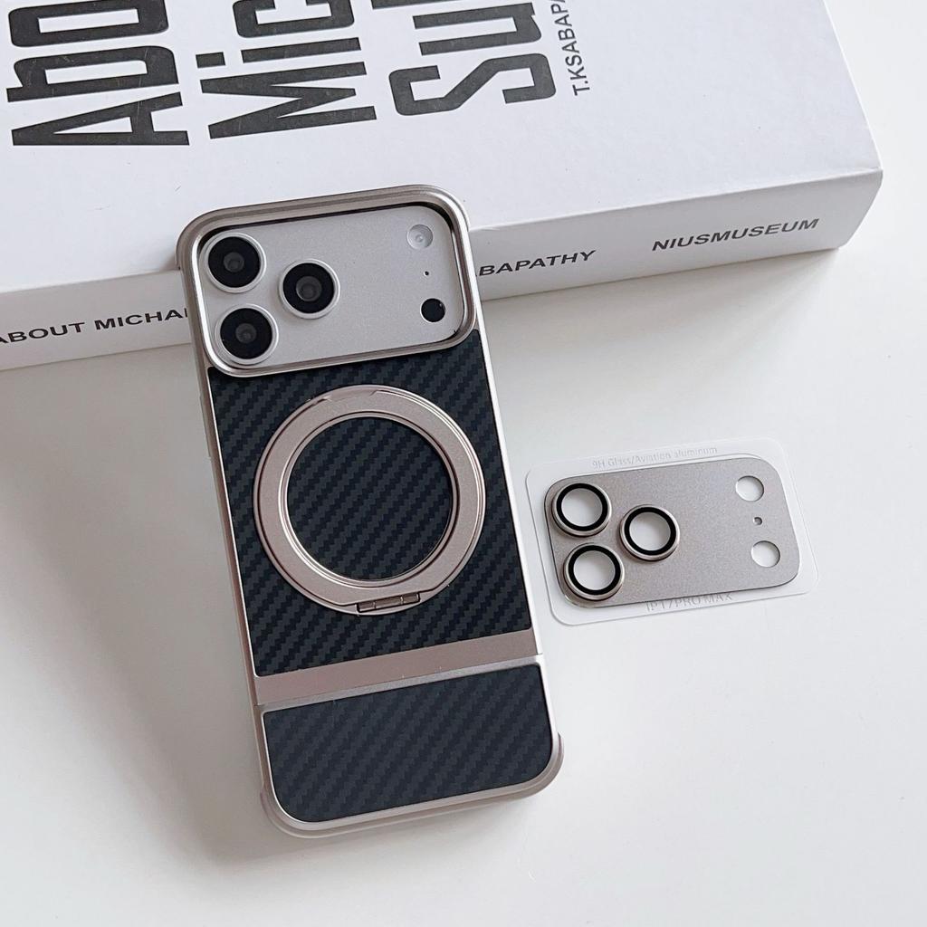 Luxury Men Girl 360 Rotation Magnetic Shockproof Ring Stand Cover Metal Magnetic Carbon Fiber Phone Case for Iphone 17 Pro Max