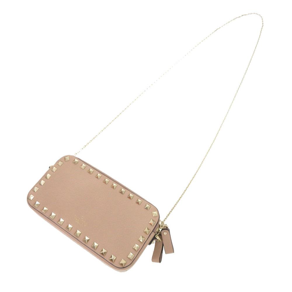 Used AUTHENTIC Valentino Garavani Chain Shoulder Rock Studs Shoulder Bag Pink Beige