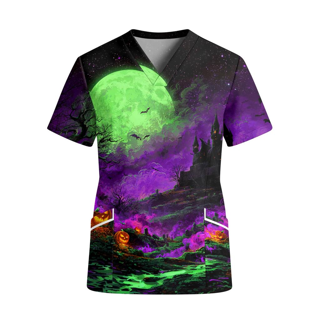 Women V Neck Short Sleeve Work Top with Pockets Halloween Pumpkin Print Medical Scrub Shirt Lightweight Comfortable Fit