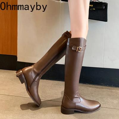 Moda Vintage Mujer Delgado Botas hasta la Rodilla Moda Cinturón Hebilla Zapatos Otoño Invierno Tacón Bajo Señoras Elástico Moderno Botines Largos