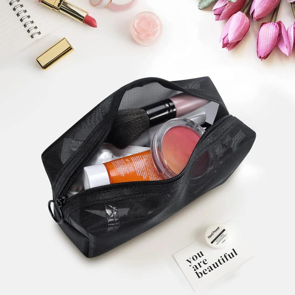 3Pcs Set Small Mesh Makeup Bag Travel Kit - Breathable Cosmetic Pouch with Zippers Portable Organizer