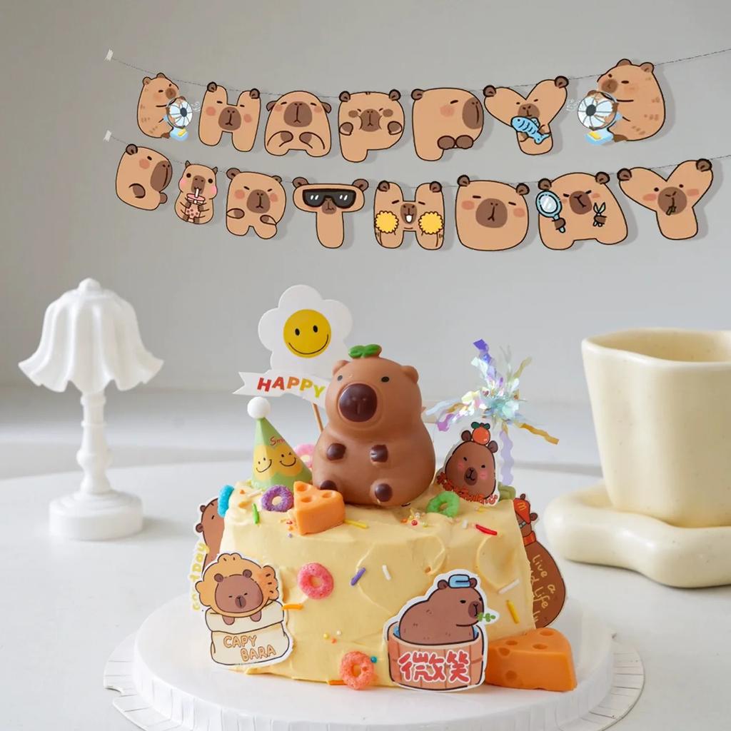 1set Cartoon Kapibala Happy Birthday Banner Capybara Hanging Garland for Kids Birthday Baby Shower Party Background Decor Party