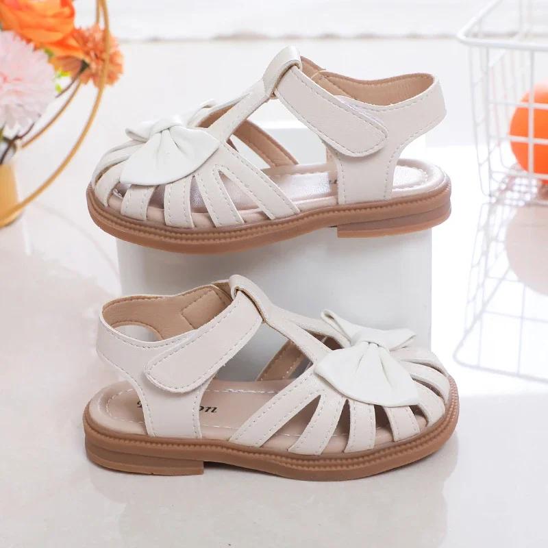Cute Girls Sandals Bow Peep-toe New Soft Hook & Loop Beige Kids Princess Shoes Casual Sandals Cute Children Shoes Non-slip