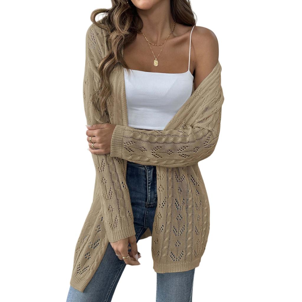 Dámský pletený kardigan s dlouhým rukávem, jednobarevný, střední délky, svetr