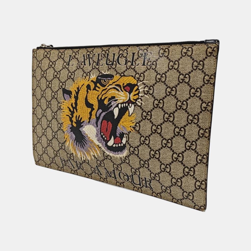 [Pre-Owned] Tiger Head Print Logo Wristband Canvas And Leather Clutch - Very Good #1QO79Y4