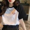 T-shirt da donna a maniche corte con design sulle spalle, top color block primavera ed estate, stile coreano, scollo rotondo ampio
