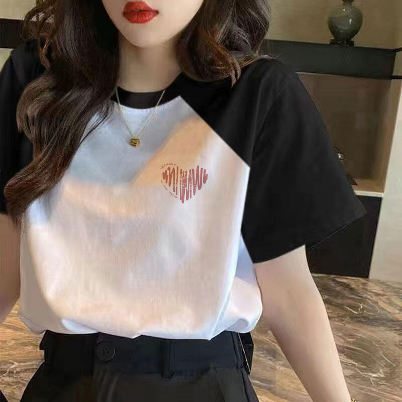 T-shirt da donna a maniche corte con design sulle spalle, top color block primavera ed estate, stile coreano, scollo rotondo ampio