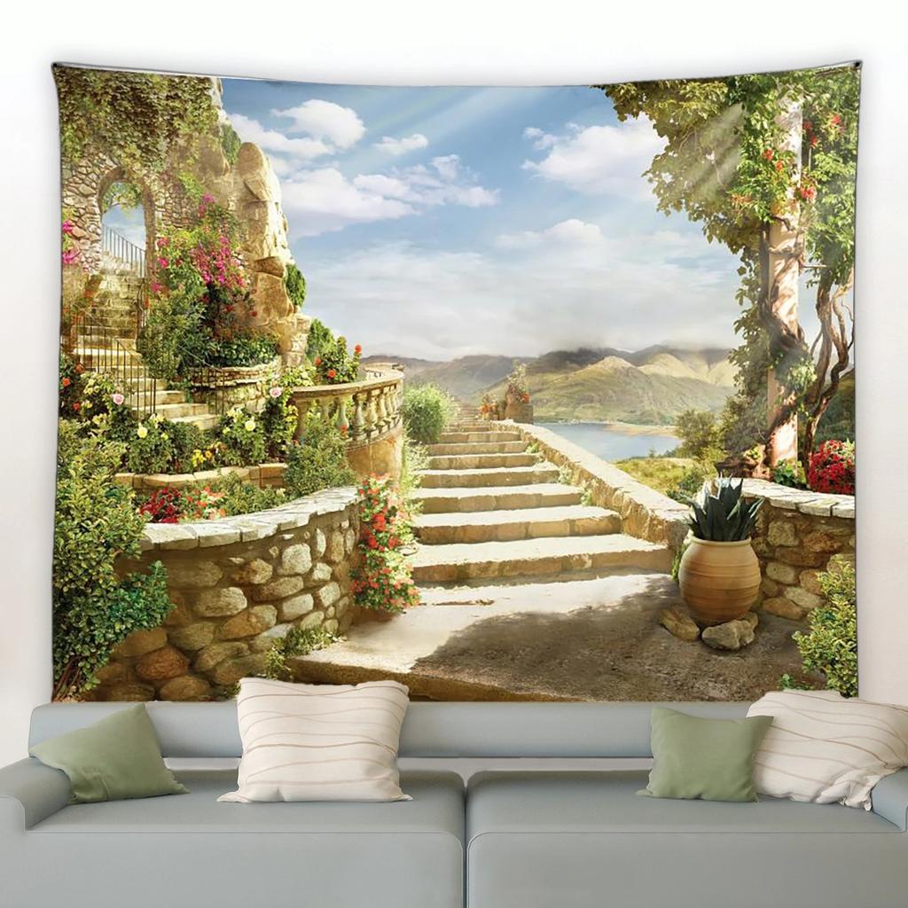 Europäischer Stil Küstenstadt Blumen Wandteppich Retro Italienische Architektur Pflanzenlandschaft Wandbehang Wohnzimmer Garten Dekoration Tuch