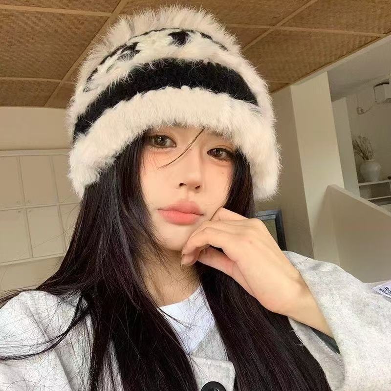 Mao Mao Hat Real Mao Rabbit Plush Fur Hat Versatile Cold-proof Warm Wool Knitted Baotou Hat Women's Winter