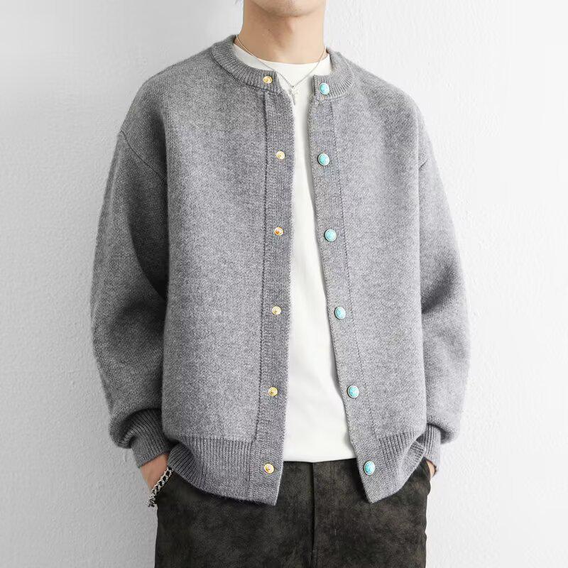 Унисекс кардиган-свитер ретро повседневный с V-образным вырезом осеньзима 2025 - Однотонная вязаная верхняя одежда L серый 2790₽